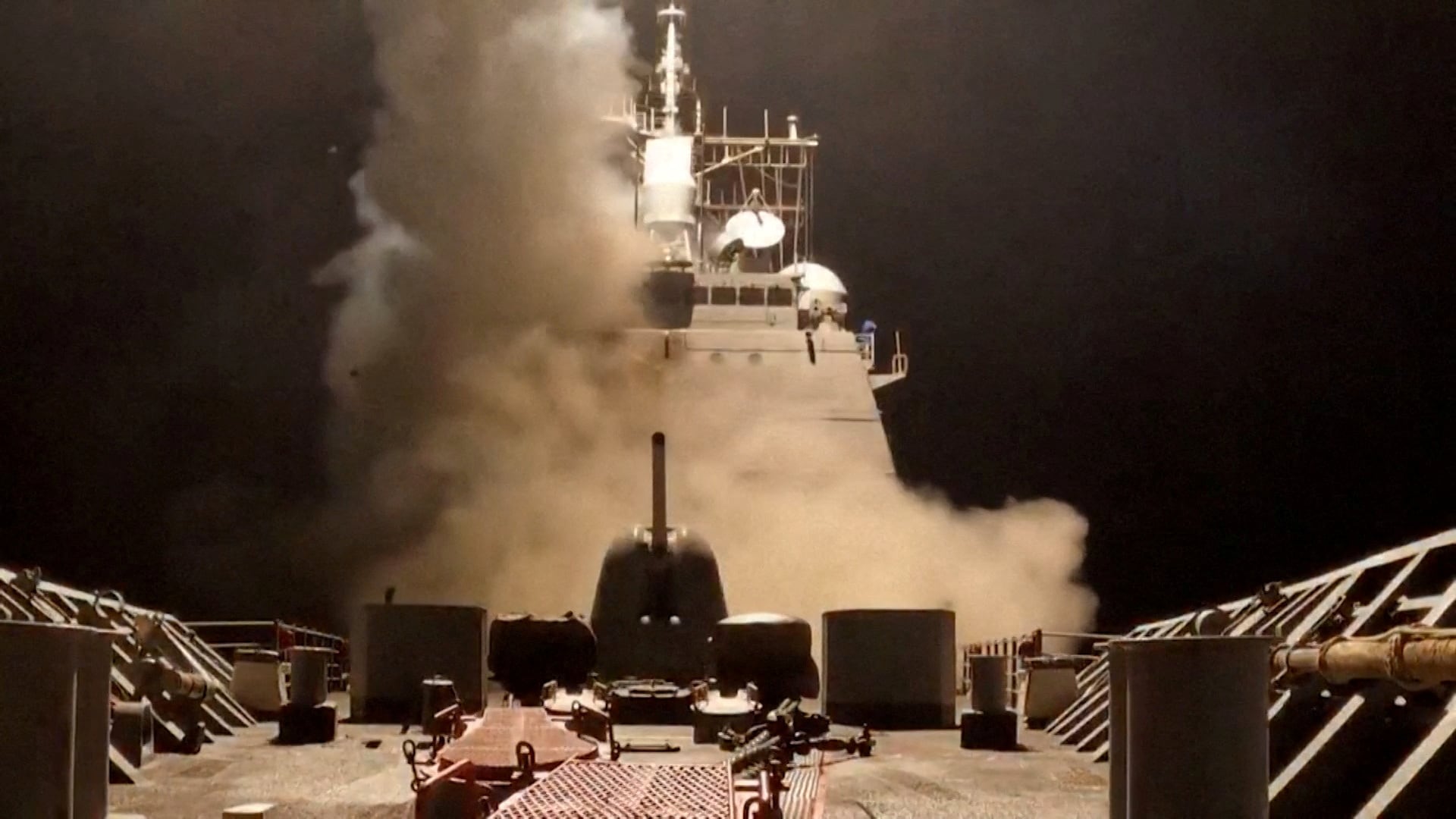 A ship fires missiles at an undisclosed location. US had launched military strikes against Yemen's Houthis over the group's attacks against Red Sea shipping, in this screengrab from a March 2025 video (US Centcom via Reuters)