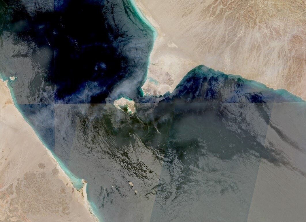 A satellite image shows Bab al Mandab Strait, a key shipping waterway and the gateway to the Red Sea, as Iran threatens using Yemen's Houthi allies to shut this gateway too. (Nasa Worldview via Reuters)