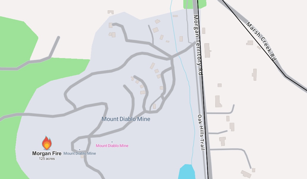 Morgan Fire is located at the western edge of Mount Diablo MIne. (Mapbox via WatchDuty)