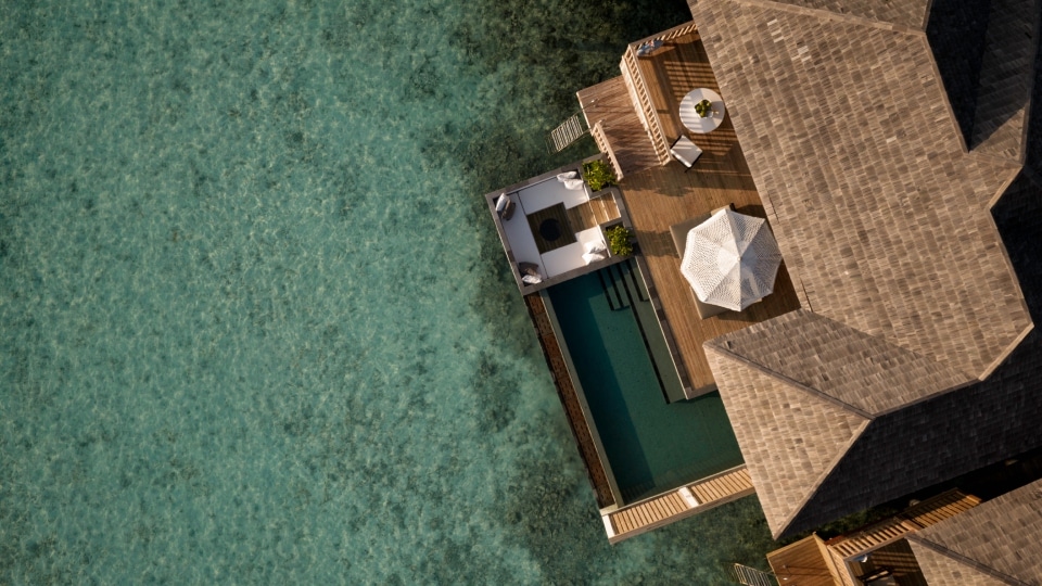 An aerial view of the overwater villa at Iru Fushi. (Sun Siyam Iru Fushi) An aerial view of the overwater villa at Iru Fushi. (Sun Siyam Iru Fushi)