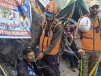 A member of Jammu and Kashmir Police’s Mountain Rescue Team administers oxygen to a pilgrim during the Amarnath Yatra on the Pahalgam route in Anantnag district on Friday. (PTI Photo)