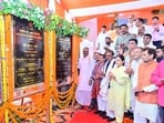 Deputy chief minister Brajesh Pathak and other dignitaries at the inauguration of the redeveloped Aishbagh railway station, revamped under the Amrit Bharat Station Scheme, in Lucknow on Friday. (Deepak Gupta/HT Photo)