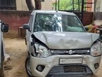 Hatchback that was crushed by the speeding SUV in Gurugram Sector 10. (Parveen Kumar/Hindustan Times)