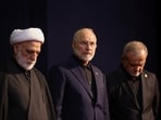 Iranian President Masoud Pezeshkian, Parliament Speaker Mohammad Baqer Qalibaf and Head of Judiciary Gholamhossein Mohseni Ejei attend a farewell ceremony for Iran's late Supreme Leader Ayatollah Ali Khamenei, who was killed on February 28 during Israeli and U.S. airstrikes on Iran, for international delegates at the Imam Khomeini Grand Mosalla in Tehran, Iran July 3, 2026. 