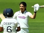 India's Yastika Bhatia celebrates after reaching her century against England in the one-off Lord’s Test (Action Images via Reuters)