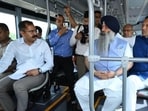 Kurukshetra MP Naveen Jindal (extreme right) with Haryana Sikh Gurdwara Management Committee president Jagdish Singh Jhinda and district officials on board the electric bus on Friday. (HT Photo)
