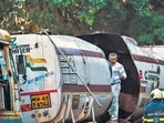 Mumbai, India. July 17, 2026 - At least one person died, and two others were injured when an empty gas tanker exploded during welding work near the HPCL colony in Chembur on Friday evening. Mumbai, India. July 17, 2026. (Photo by Raju Shinde/HT Photo) (Raju Shinde)