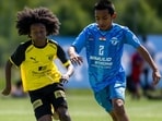 Players in action during the Gothia Cup-2026 in Sweden on Friday. (HT Photo)