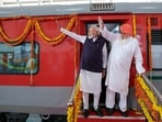 Prime Minister Narendra Modi with Sant Niranjan Dass during the flag-off of a special direct train service from Chheharta in Amritsar to Seer Govardhanpur in Varanasi. (DPR PMO)