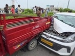 The damaged car seen post the accident. (HT)