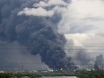 Smoke rises after a Ukrainian drone strike in Russia. Seven people were killed and 51 injured in the overnight attacks,