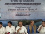UP Congress chief Ajay Rai and others during a press conference. (Sourced)