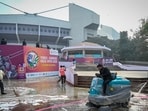 Workers clean the premises of the stadium during the fourth day of YONEX-SUNRISE India Open 2026 at Indira Gandhi Sports Complex, in New Delhi, India, on Friday, January 16, 2026. (Hindustan Times)