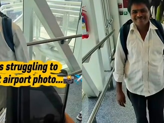 His first airport photo came with an unexpected helping hand.