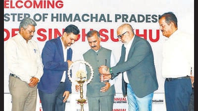 Chief minister Sukhvinder Singh Sukhu along with others during the lamp lighting ceremony at TiE Chandigarh’s leadership conclave and 23rd annual general meeting at Hyatt Regency in Chandigarh on Saturday. (HT Photo)