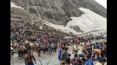 Despite the temporary halt, the pilgrimage has witnessed a strong response this year. More than 3.7 lakh devotees have paid obeisance at the holy cave shrine since the Yatra commenced. (HT File) Despite the temporary halt, the pilgrimage has witnessed a strong response this year. More than 3.7 lakh devotees have paid obeisance at the holy cave shrine since the Yatra commenced. (HT File)