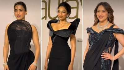Sanya Malhotra, Sobhita Dhulipala and Madhuri Dixit at Gaurav Gupta's Light Show on July 17, 2026. (@bazaarindia/Instagram)