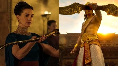 Anne Hathaway and Ranbir Kapoor in stills from The Odyssey and Ramayana. Anne Hathaway and Ranbir Kapoor in stills from The Odyssey and Ramayana.