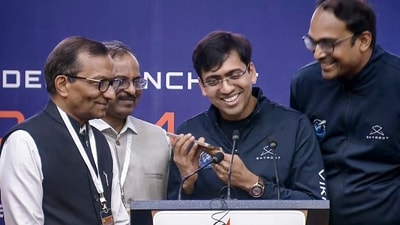 Skyroot Aerospace co-founder and CEO Pawan Kumar Chandana spoke with Prime Minister Narendra Modi over the phone after the successful launch of the Vikram-1 launch vehicle from the Satish Dhawan Space Centre. (PTI) Skyroot Aerospace co-founder and CEO Pawan Kumar Chandana spoke with Prime Minister Narendra Modi over the phone after the successful launch of the Vikram-1 launch vehicle from the Satish Dhawan Space Centre. (PTI)