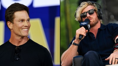 Videos circulating online show Tom Brady and Logan Paul standing face-to-face while Minnesota Timberwolves center Karl-Anthony Towns stood between them. (Elsa/Getty Images/AFP and AP Photo/Allison Robbert) Videos circulating online show Tom Brady and Logan Paul standing face-to-face while Minnesota Timberwolves center Karl-Anthony Towns stood between them. (Elsa/Getty Images/AFP and AP Photo/Allison Robbert)