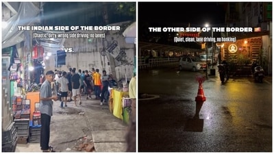 Couple shares the difference between India side and Bhutan side near the border. Couple shares the difference between India side and Bhutan side near the border.