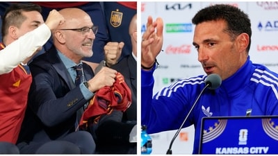 Luis de la Fuente (left) is the coach for Spain, while Argentina's head coach for the FIFA World Cup is Lionel Scaloni (right). Luis de la Fuente (left) is the coach for Spain, while Argentina's head coach for the FIFA World Cup is Lionel Scaloni (right).