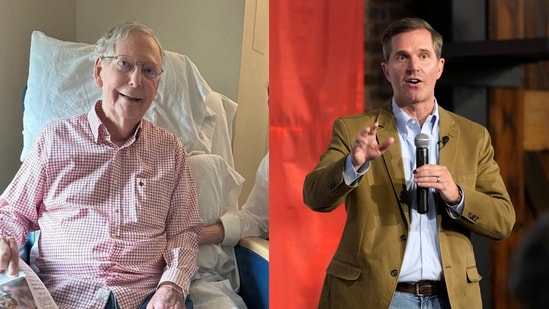 Mitch McConnel seen in the first proof of life photo shared by his office (L) and Kentucky Governor Andy Beshear.