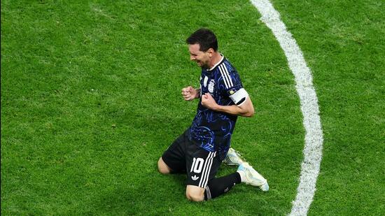 Argentina's Lionel Messi celebrates after the semi-final victory against France as they advance to the World Cup final (REUTERS)