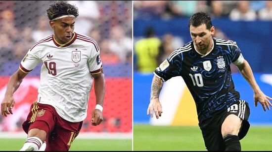 Spain's forward #19 Lamine Yamal at the Dallas Stadium in Arlington on July 14, 2026 (L); and Argentina's forward #10 Lionel Messi in Atlanta on July 15, 2026. (AFP)