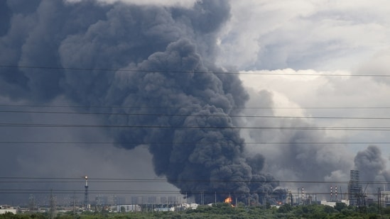 Smoke rises after a Ukrainian drone strike in Russia. Seven people were killed and 51 injured in the overnight attacks,