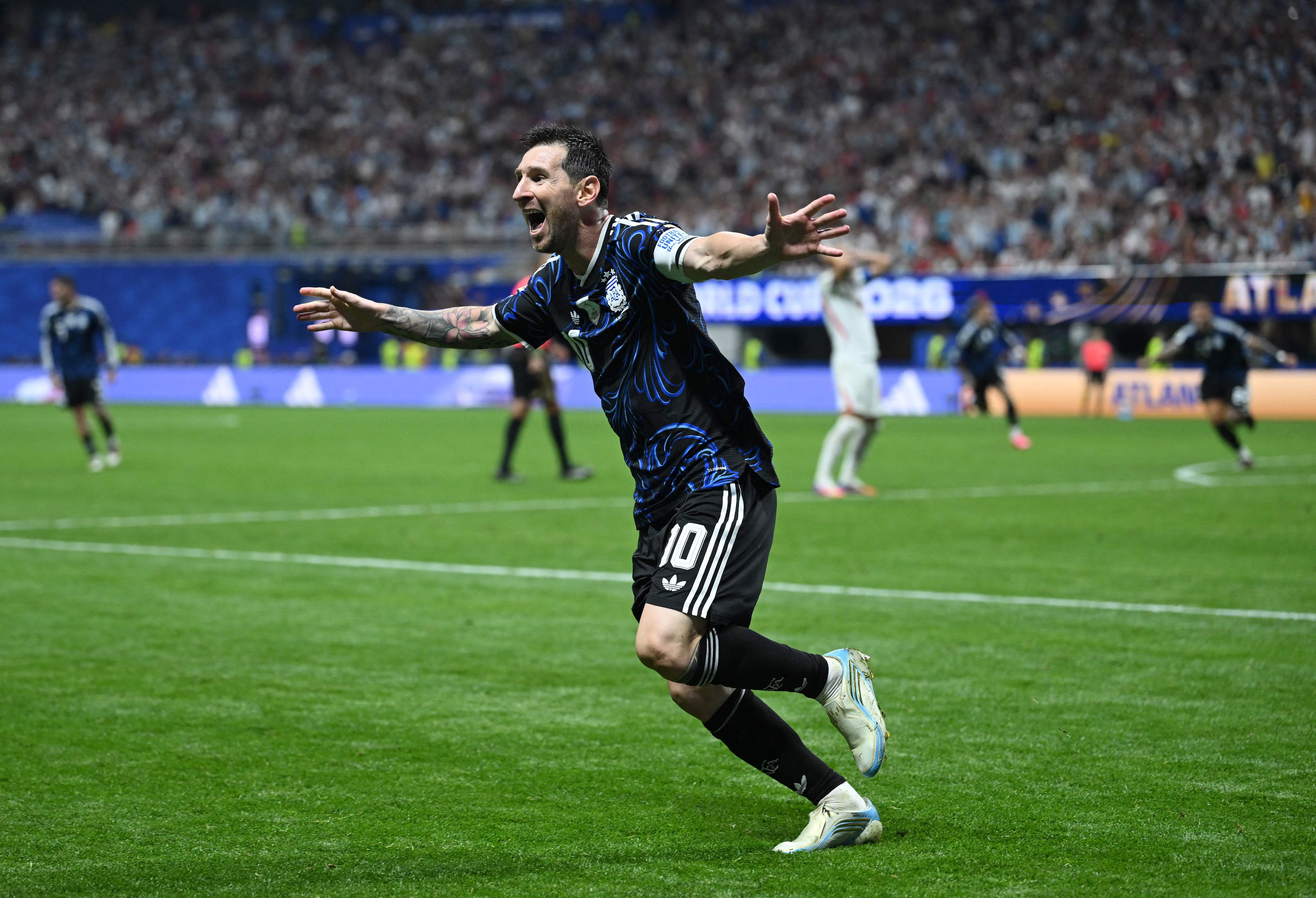 Lionel Messi #10 of Argentina celebrates the team's second goal against England. (Getty Images via AFP) Lionel Messi #10 of Argentina celebrates the team's second goal against England. (Getty Images via AFP)