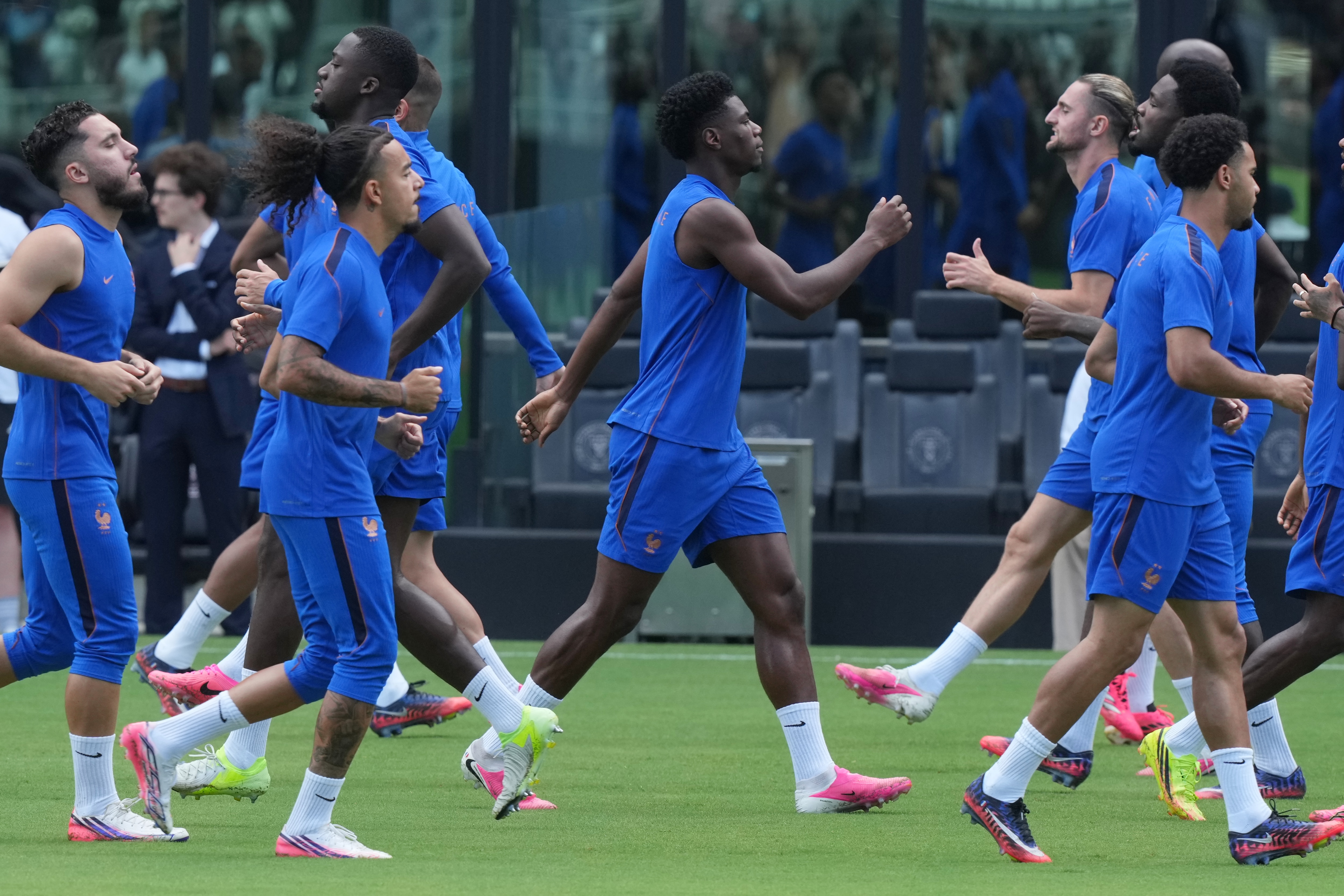 France participates in a training session ahead of their Bronze medal World Cup soccer match against England. (AP Photo/Marta Lavandier) France participates in a training session ahead of their Bronze medal World Cup soccer match against England. (AP Photo/Marta Lavandier)