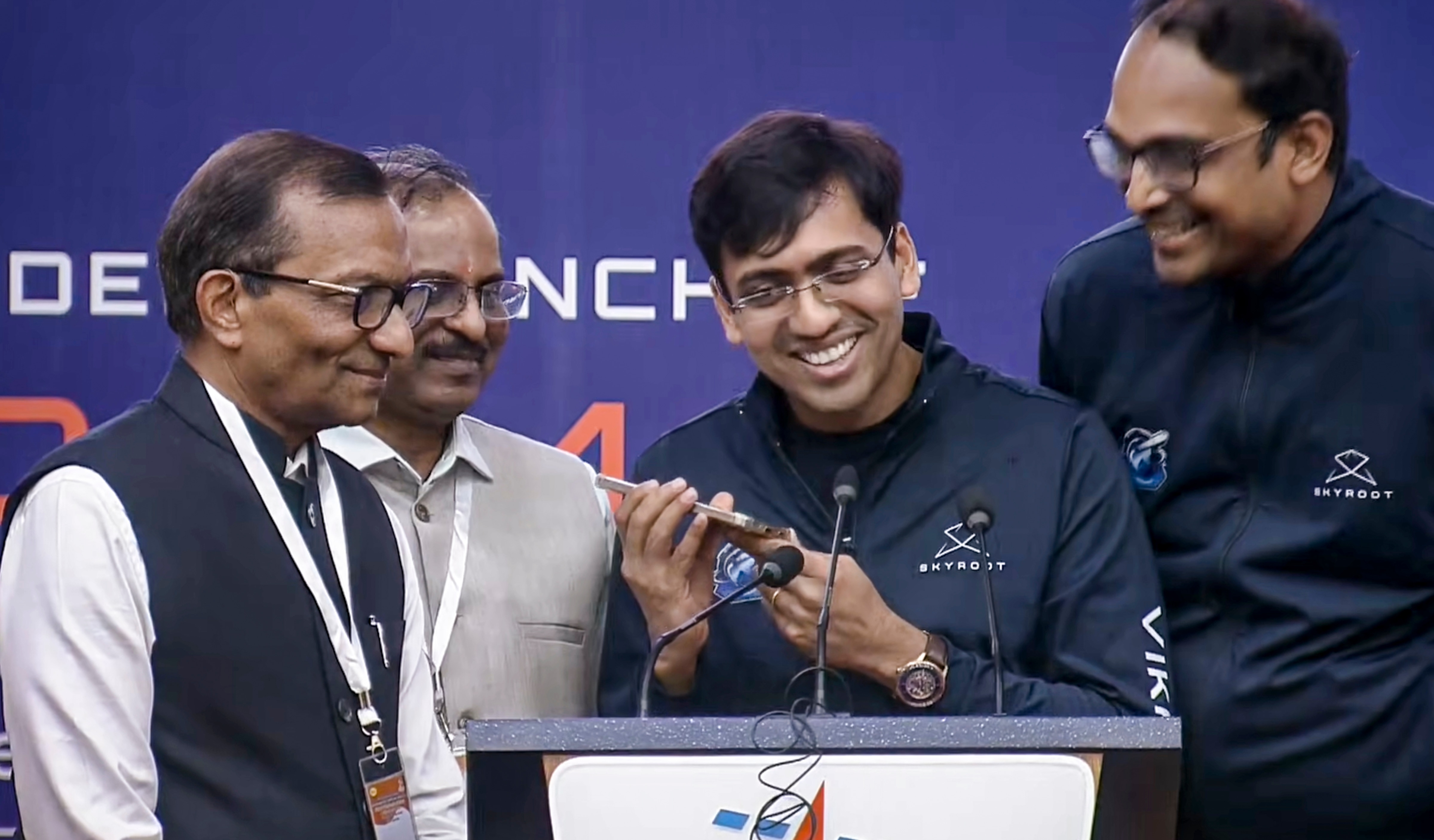 Skyroot Aerospace co-founder and CEO Pawan Kumar Chandana speaks with Prime Minister Narendra Modi over the phone after the successful launch of Vikram-1. (@skyrootaerospaceofficial via PTI) Skyroot Aerospace co-founder and CEO Pawan Kumar Chandana speaks with Prime Minister Narendra Modi over the phone after the successful launch of Vikram-1. (@skyrootaerospaceofficial via PTI)