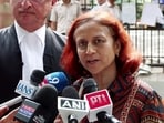 Gitanjali J. Angmo, wife of environmentalist Sonam Wangchuk, speaks to the media after the Delhi High Court hearing on plea to shift Sonam Wangchuk to another hospital from Safdarjung Hospital.