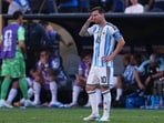 Argentina's Lionel Messi (10) reacts after Spain's Ferran Torres scores their first goal during the World Cup final soccer match between Spain and Argentina in East Rutherford, N.J., near New York, Sunday, July 19, 2026. (AP Photo/Abbie Parr)