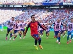 Spain's Ferran Torres (7) celebrates scoring their first goal during the World Cup final soccer match between Spain and Argentina in East Rutherford, N.J., near New York, Sunday, July 19, 2026