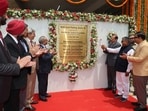 Chief Justice of India Surya Kant along with UT administrator Gulab Chand Kataria and others inaugurating multi-level parking of District Court in Sector 43, Chandigarh on Saturday. (Ravi Kumar/HT)