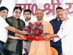Chief minister Yogi Adityanath at a public event in Bulandshahr on Saturday. (ANI PHOTO)