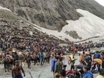 Despite the temporary halt, the pilgrimage has witnessed a strong response this year. More than 3.7 lakh devotees have paid obeisance at the holy cave shrine since the Yatra commenced. (HT File)