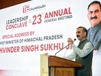 Himachal Pradesh chief minister Sukhvinder Singh Sukhu addresses the Chandigarh Leadership Conclave and 23rd Annual General Meeting organised by The Indus Entrepreneurs (TiE) Chandigarh, in Chandigarh on Sunday. (@SukhuSukhvinder)