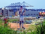 A towering cutout of Argentine footballer Lionel Messi stands near the Vizhinjam International Seaport ahead of the FIFA World Cup 2026 final match, in Thiruvananthapuram, Kerala, Sunday, July 19.