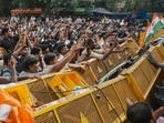 Cockroach Janata Party (CJP) supporters gather at the protest demanding Union education minister Dharmendra Pradhan's resignation, at the Jantar Mantar in New Delhi.