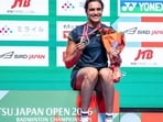 PV Sindhu poses on the podium after her victory against Japan’s Akane Yamaguchi. (AFP)