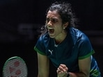 PV Sindhu reacts during the match against Japan’s Akane Yamaguchi. (AFP)