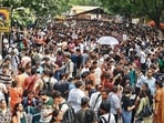 Protesters show up in large numbers as security is deployed outside Jantar Mantar on Sunday. (Sanjeev Verma/HT)