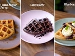 Three waffles, classic, chocolate, and blueberry, can be prepared with the same basic batter.