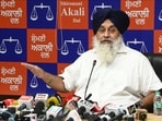 Shiromani Akali Dal president Sukhbir Singh Badal addressing the media in Chandigarh on Saturday. (HT)