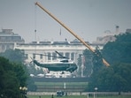 Marine One, carrying U.S. President Donald Trump, departs from the Ellipse in front of the White House as construction on the South Lawn continues in Washington, D.C., U.S., July 17, 2026. REUTERS/Al Drago