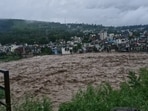 View of an overflowing river as heavy rains in J&K's Poonch and Rajouri wreaked havoc.