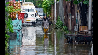 A female walks through a waterlogged path after a fresh spell of rainfall, in Srinagar on Sunday. (ANI) A female walks through a waterlogged path after a fresh spell of rainfall, in Srinagar on Sunday. (ANI)